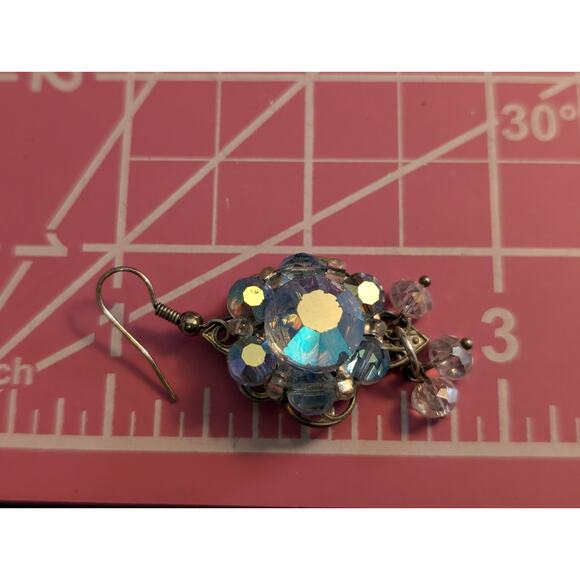 Vintage AB Crystal Three Clear Crystal Dangle Pierced Earrings - Picture 4 of 6